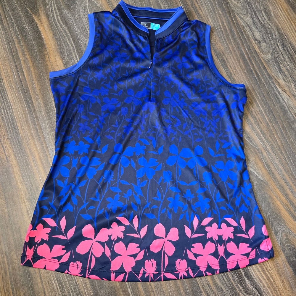 PGA Tour Womens Medium Sleeveless Golf Polo Shirt Floral Blue Pink Quarter Zip